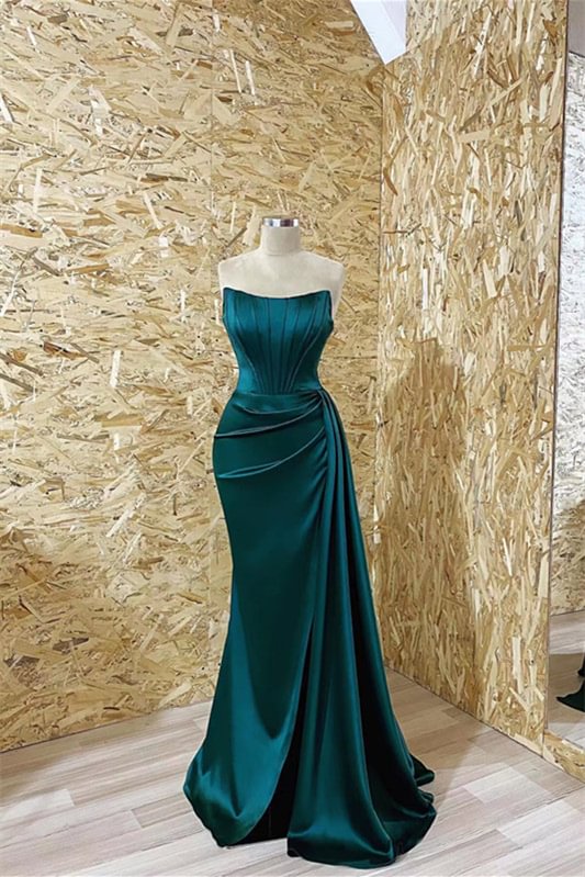 Gorgeous Dark Green Strapless Long Mermaid Prom Dress With Pleats Ruffles ED0425