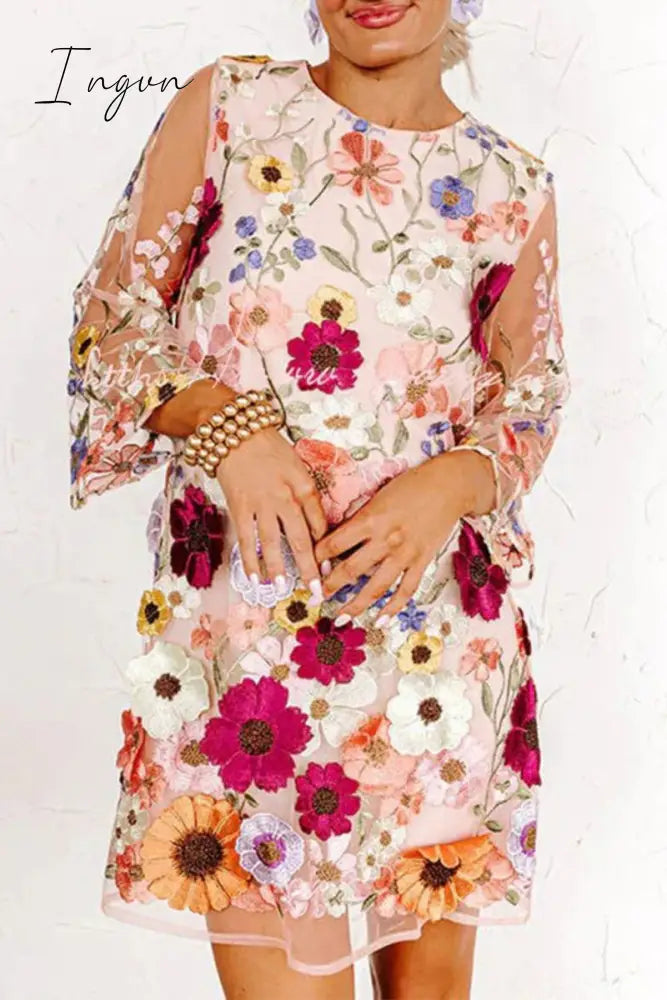 Ingvn - Sweet Elegant Color Block Appliques Wrapped Skirt Dresses Pink / S Dresses/Floral