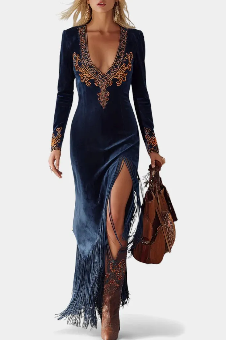Deep V-Neck Velvet Dress with Fringe Slit