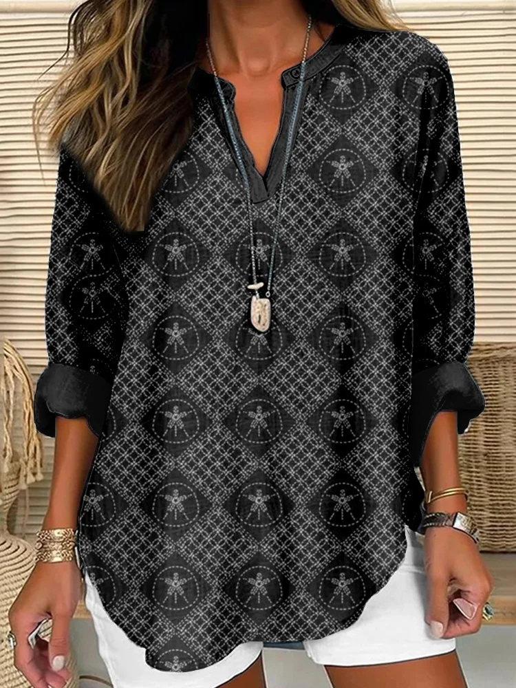 Sashiko Sand Dollar Japanese Art Linen Blend Shirt