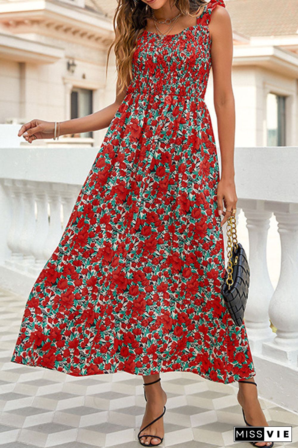 Fashion Elegant Print Split Joint Spaghetti Strap A Line Dresses