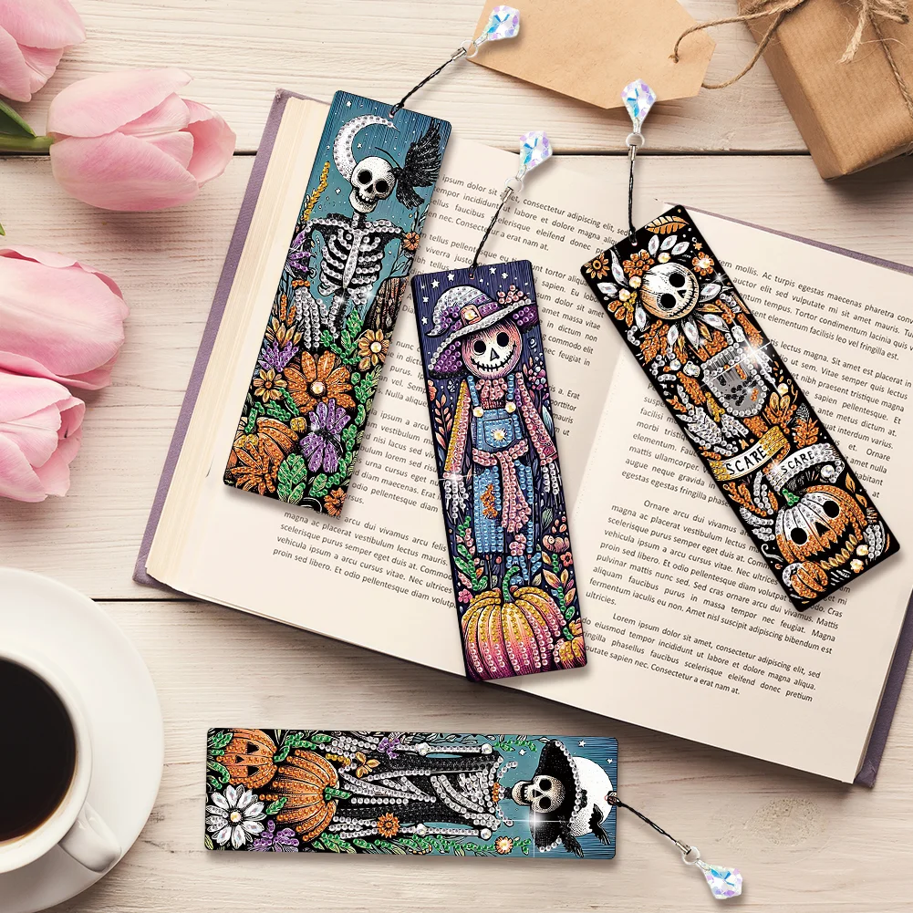 4Pcs Halloween Pumpkin Skull Themed DIY Diamond Painting Bookmark for Book Lover