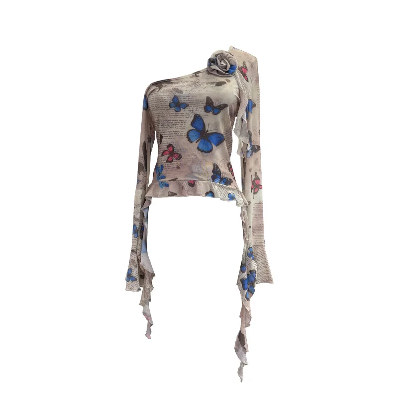 Uveng Tie Dyed Elastic Mesh Oblique Shoulder Irregular Horn Long-Sleeved T-Shirt Flower Short Floated Female 9932