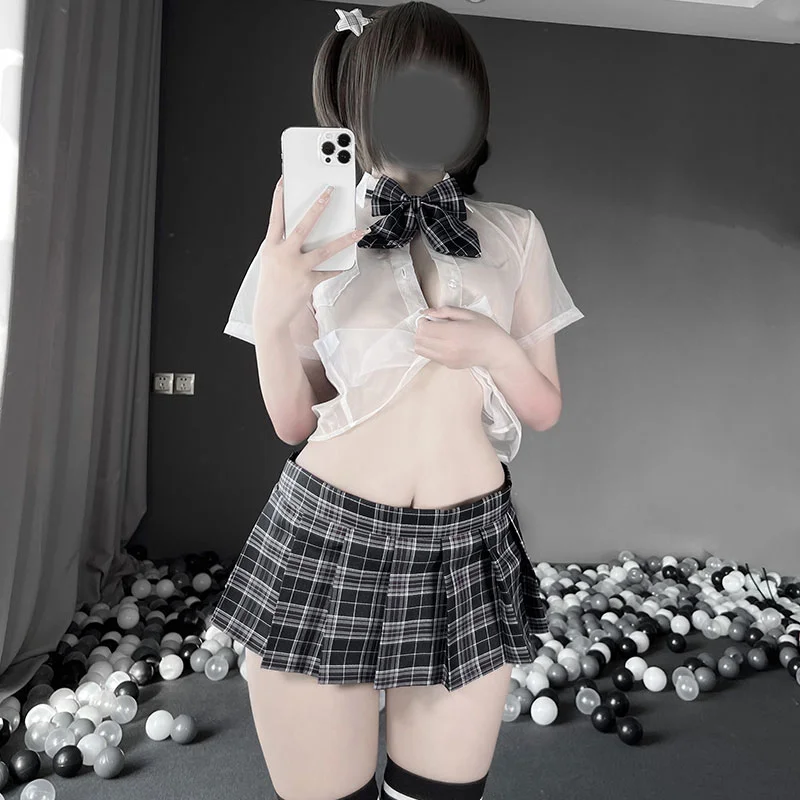 Billionm JK Uniform Women Student Cosplay Costume Sexy Lingerie Perspective Shirt Bow Tie Pleated Plaid Skirt Schoolgirl Outfits