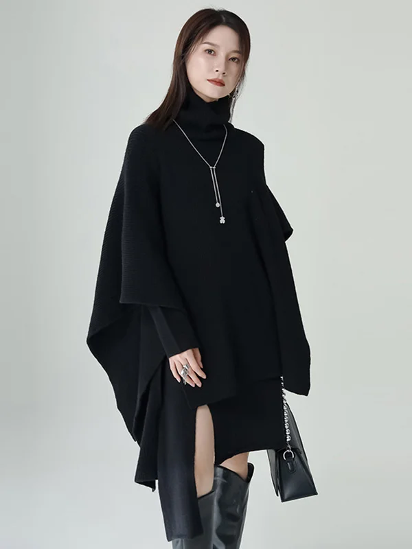 Casual Long Sleeves Loose Solid Color High-Neck Shawl&Sweater Dresses Two Pieces Set