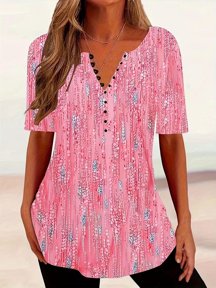 Women's Floral Print V-Neck Button-Front T-Shirt - Casual Short Sleeve Summer Top With Faux Buttons, Medium Stretch Fabric, Machine Washable For Spring & Summer, Seasonal Clothing, Feminine Style, Breathable Fabric, Printed Blouse, Casual Attire