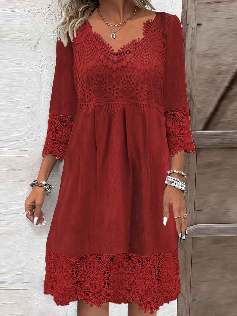 Women Half Sleeve V-neck Solid Color Dress