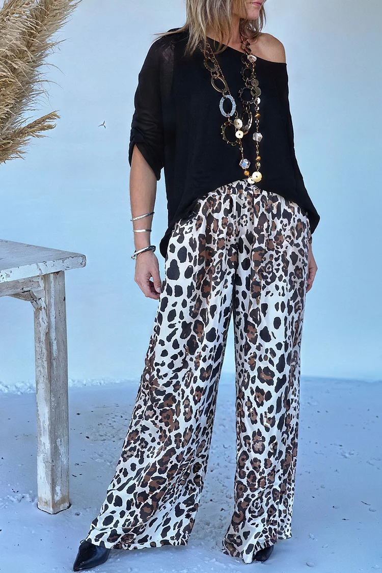 Plus Size Daily Black Leopard 3/4 Sleeve Pocket Elegant Two Piece Pant Sets [Pre-Order] 2024 - Xpluswear