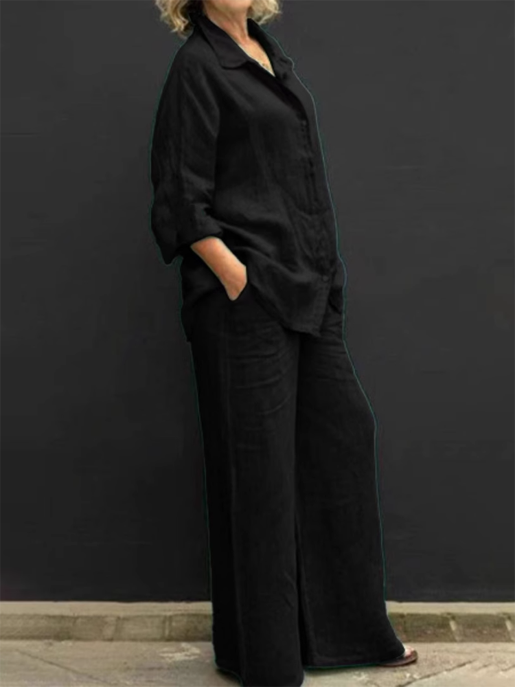 Women Cotton Linen Long Sleeve Shirt +Fashion Casual Solid Pants Set