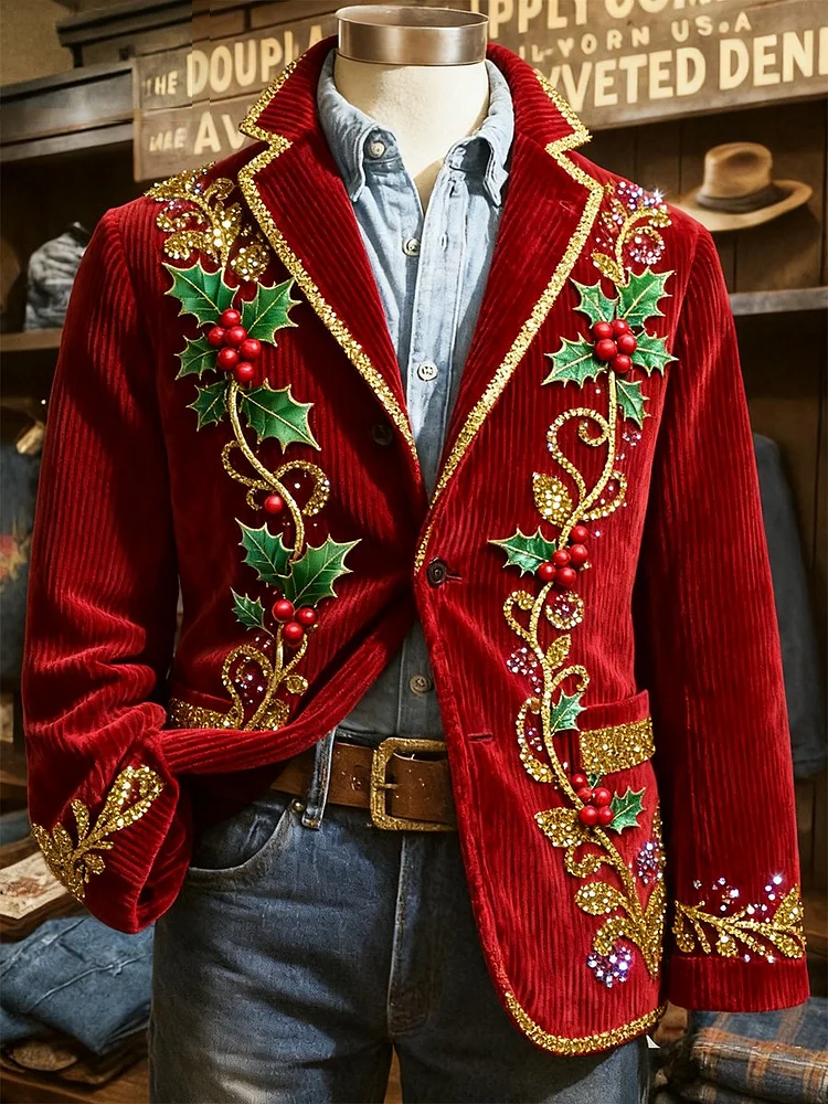 Men's Corduroy Christmas Holly Lapel Blazer 