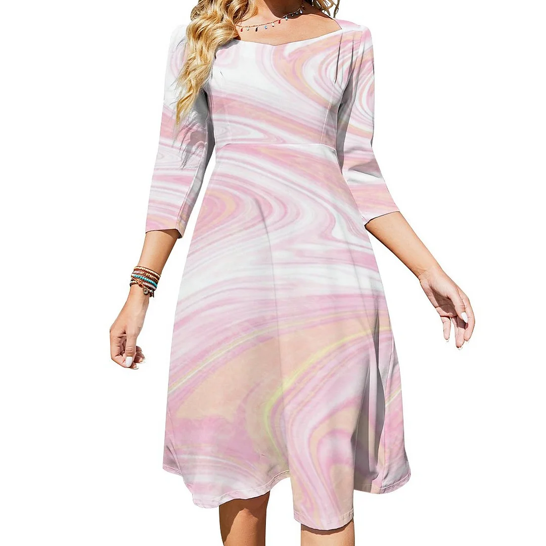 Pink Marble Dye Art Dress Sweetheart Tie Back Flared 3/4 Sleeve Midi Dresses