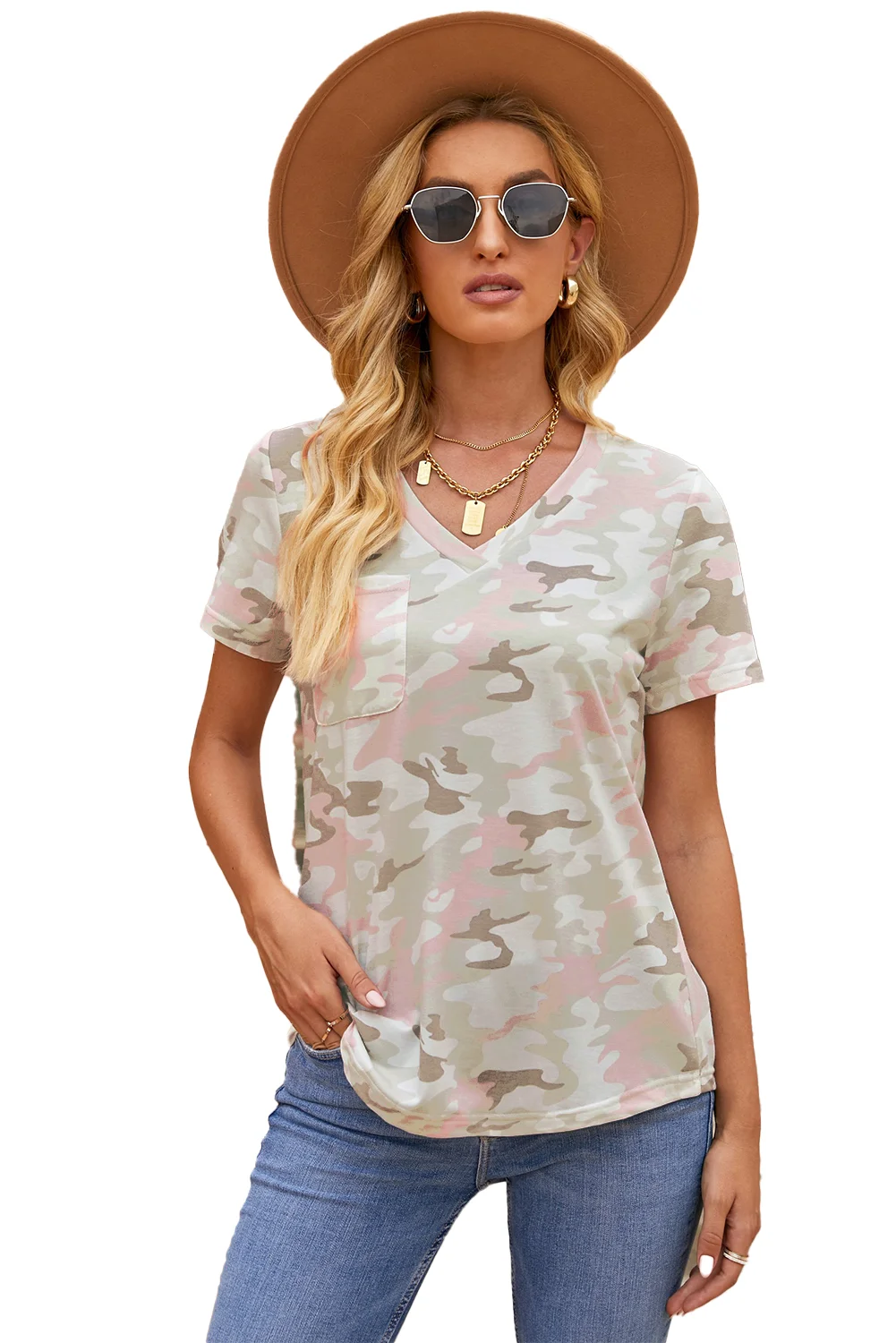 Gray Camouflage Print V Neck Tee with Pocket