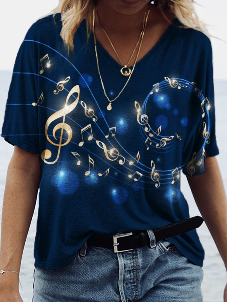 Glowing Gold Music Notes V Neck T Shirt wearshes