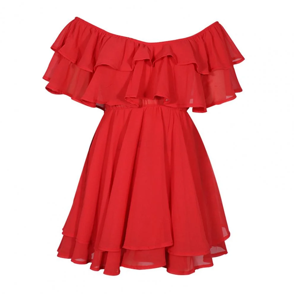 Elegant Prom Dress  Double Layers Off Shoulder Ruffle Fit Flare Mini Dress Summer Women Casual Dresses. Footnote