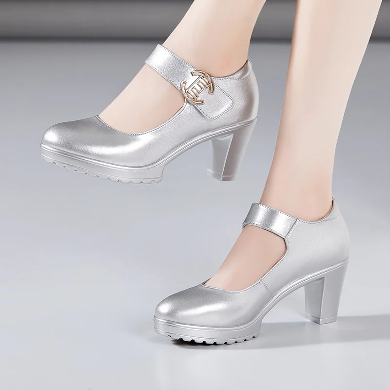 Breakj High Heel 12Cm Cheongsam Model Catwalk Shoes Women's Thick Soles Waterproof Platform Silver Round Head Stage Performance Shoes Women's Singles Shoes