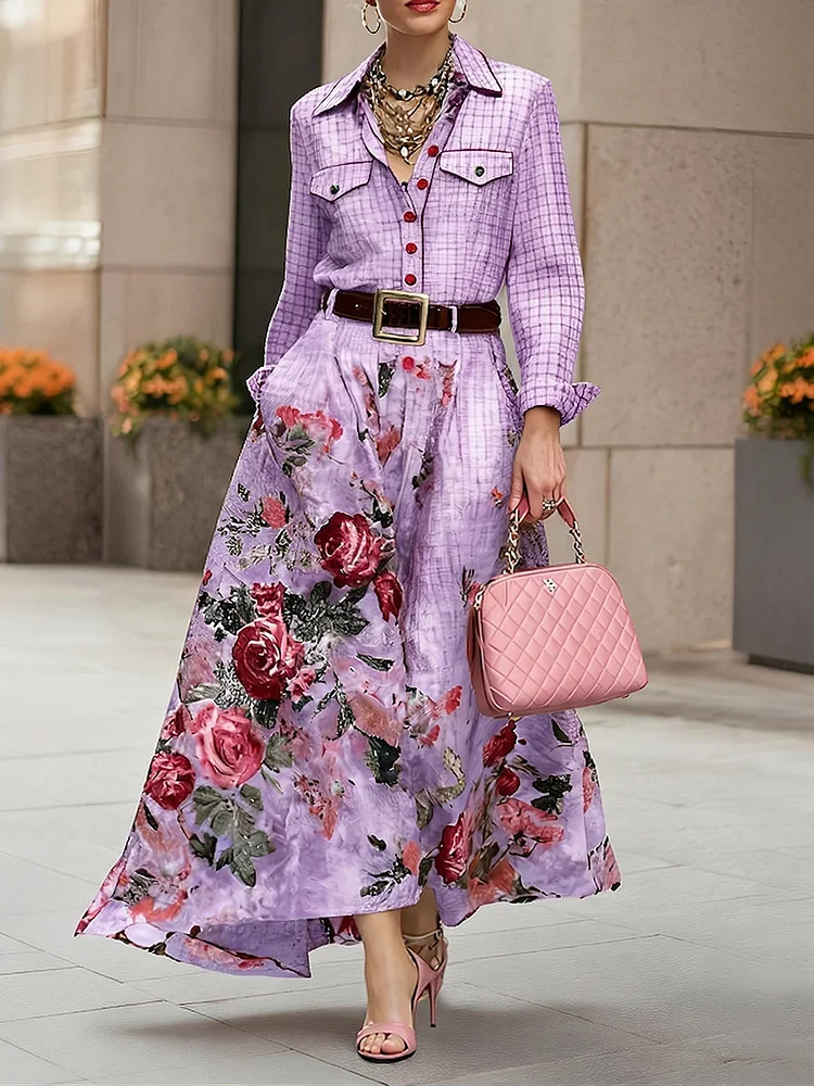 Elegant Floral Print Maxi Dress (belt Not Included)