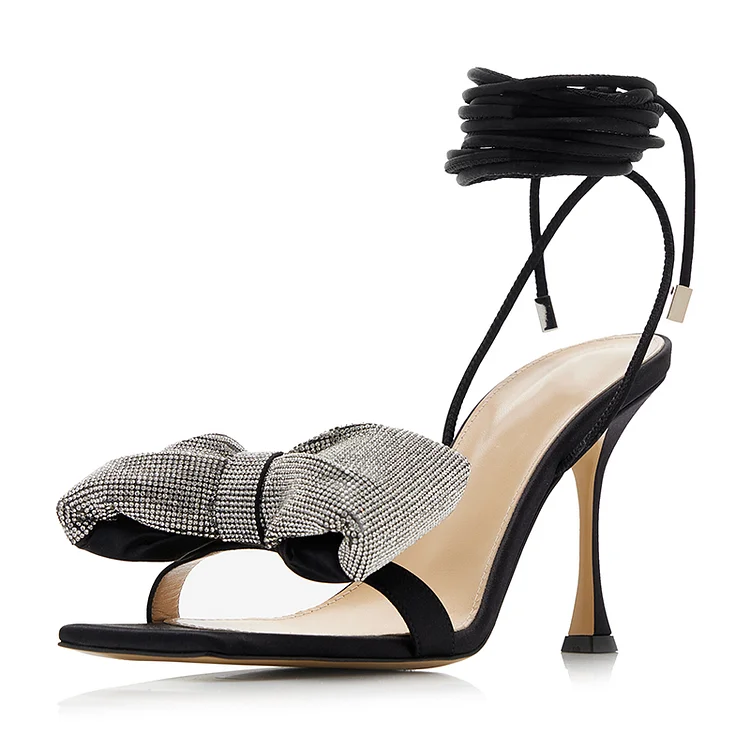 Elegant Black Wrapped Sandal Women'S Square Toe Stiletto Heels Wedding Bow Shoes |FSJ Shoes