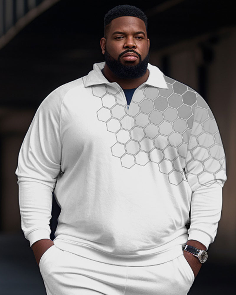 Men's Large Size Geometric Style Zip Up Polo Shirt and Trousers Set