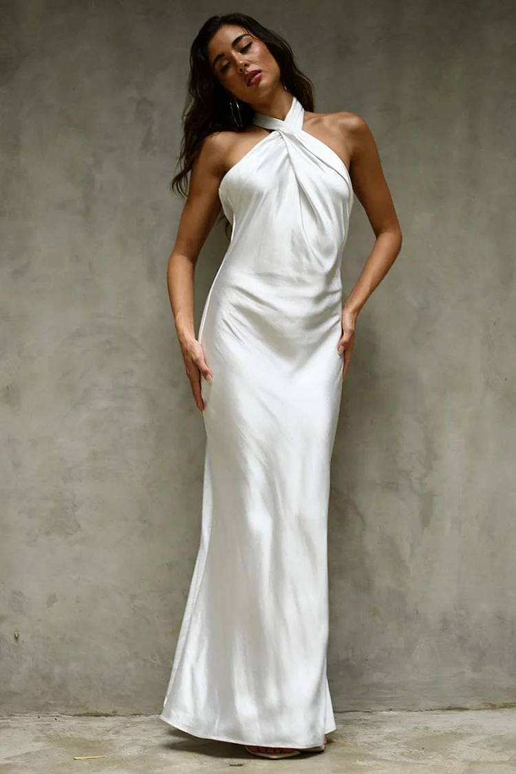 Cross Halter Neck Backless White Elegant Satin Slim Wedding Maxi Dresses [Pre Order]
