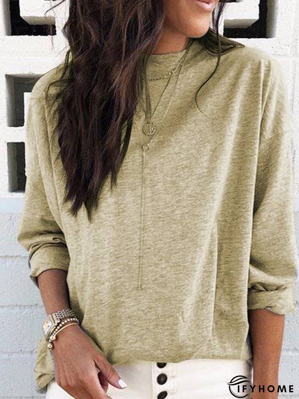 Crew Neck Long Sleeve Plain Cotton Shirts & Tops | IFYHOME