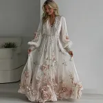 Women's Vintage Floral Embroidery Art Linen Blend V-neck Dress - Image 2