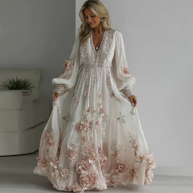 Women's Vintage Floral Embroidery Art Linen Blend V-neck Dress