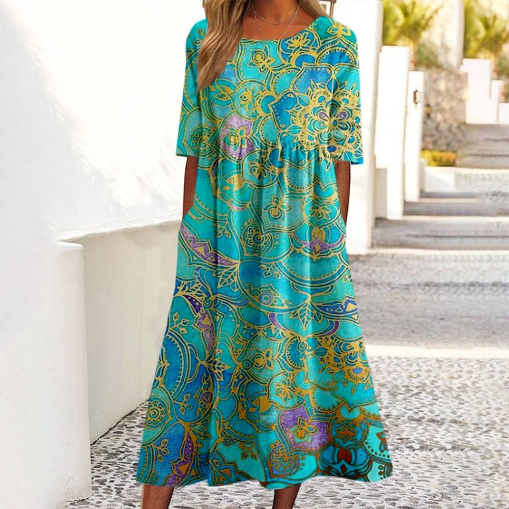 Green Short Sleeve Round Neck Midi Dress