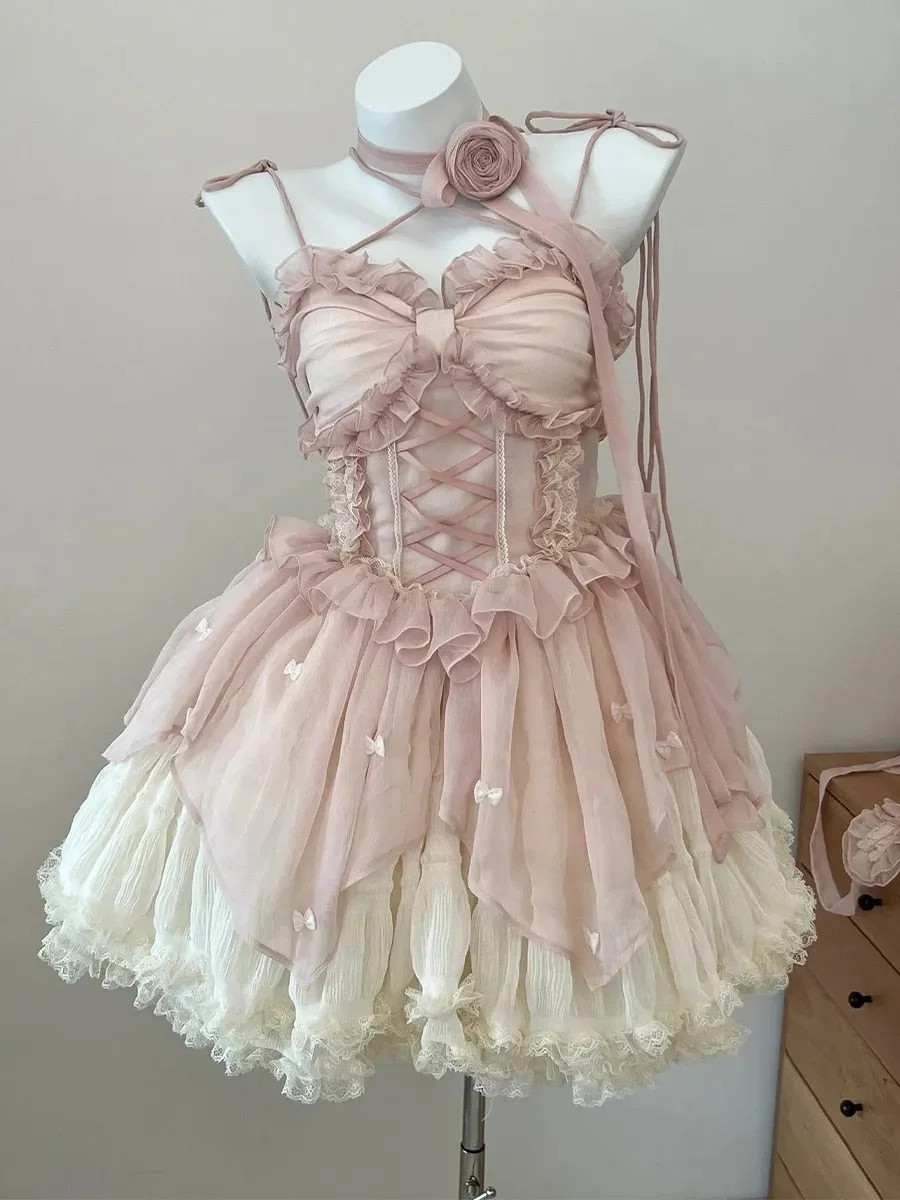 Abebey  2023 Summer Women Sweet Pink Lolita Dress Female Ruffle High Waist prom Mini Dress Japanese Summer Girl Kawaii Party Dresses