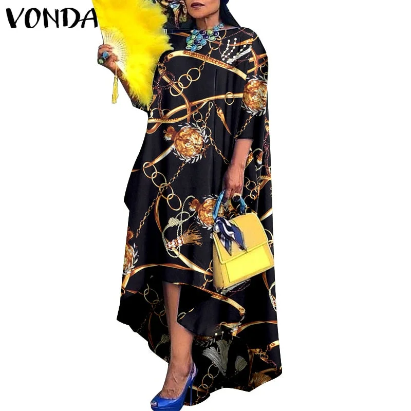 Women Dress 2022 VONDA Vintage Printed Asymmetric Party Long Maxi Dress Femme Robe Beach Sundress Casual Vestido Plus Size Robe