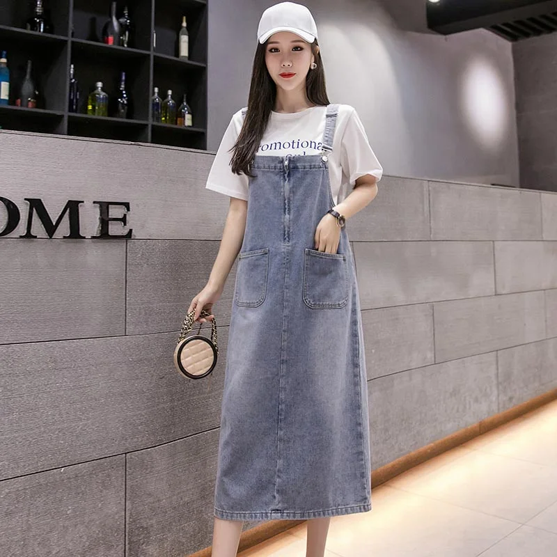 NEEDBO Denim Dress Plus Size 5XL Casual Suspenders Jeans Dress for Women 2020 A-Line Sleeveless Mid-Calf  Vestidos Robe Summer