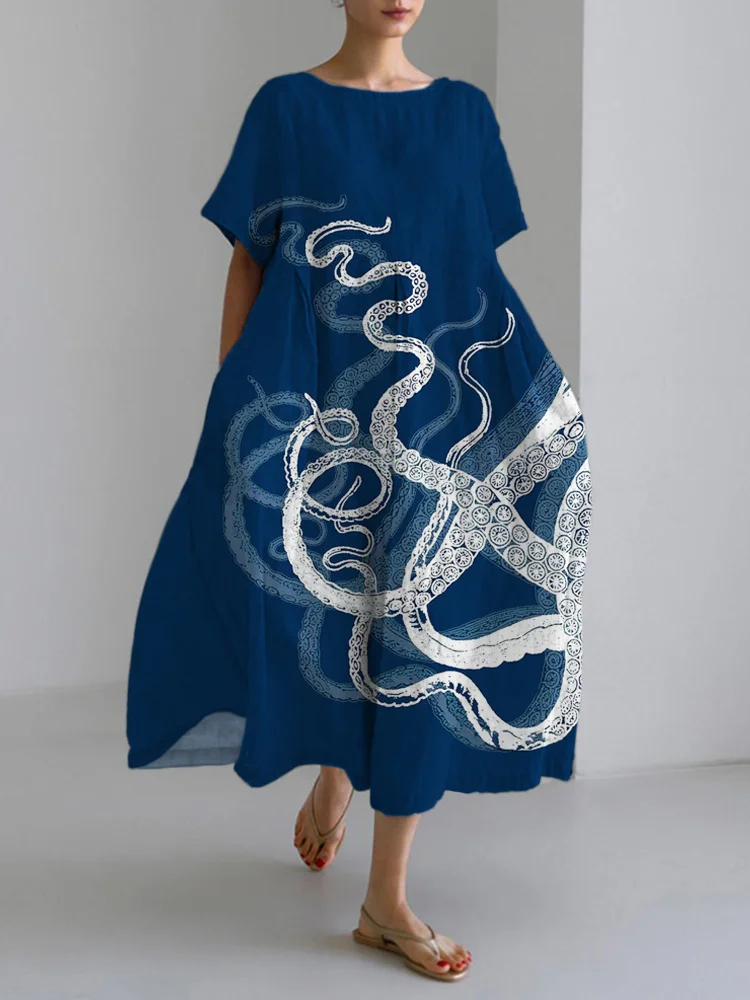 Blue & White Octopus Tentacle Print Linen Blend Maxi Dress