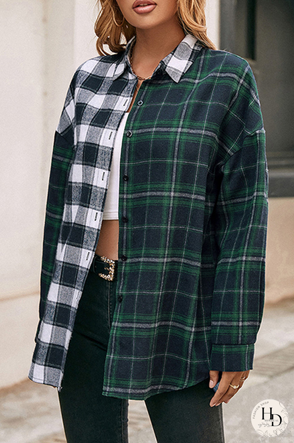 Casual Plaid Split Joint Buckle Turndown Collar Tops