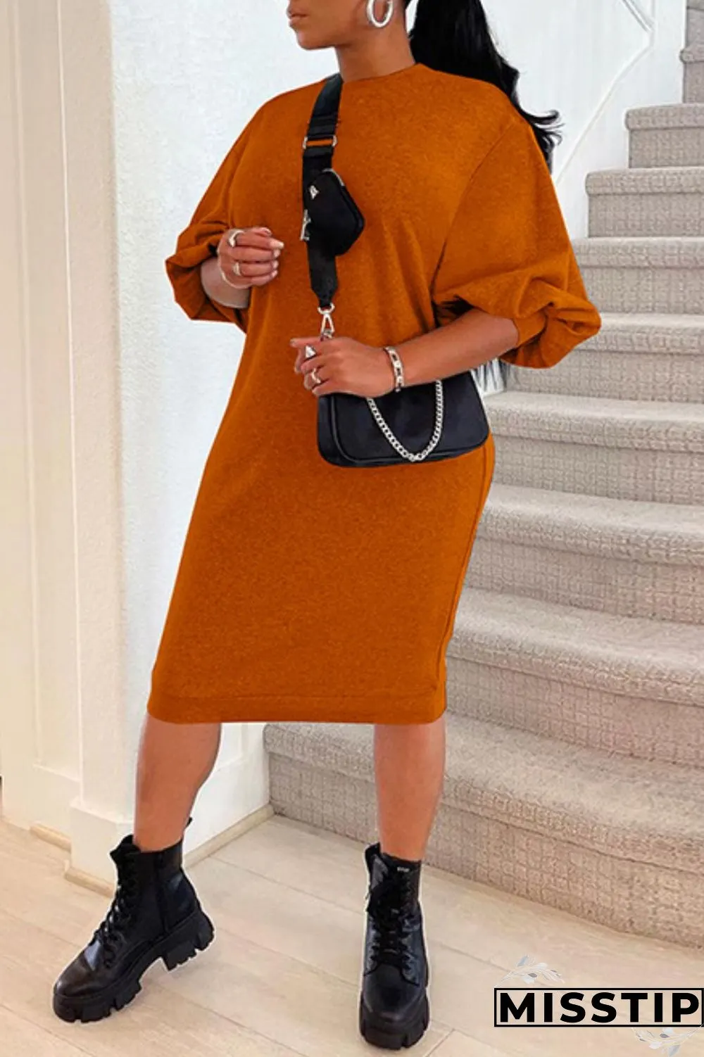 Brown Casual Solid Basic O Neck Long Sleeve Dresses