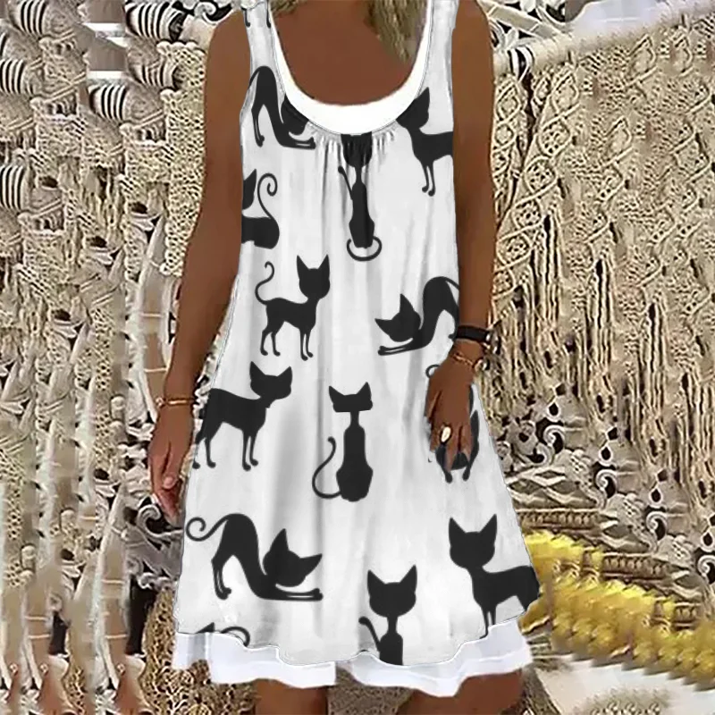 Casual Cat Print Sleeveless Midi Dress