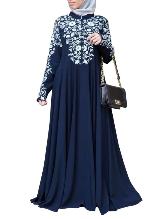 Long-sleeved stand-collar floral print Muslim robe