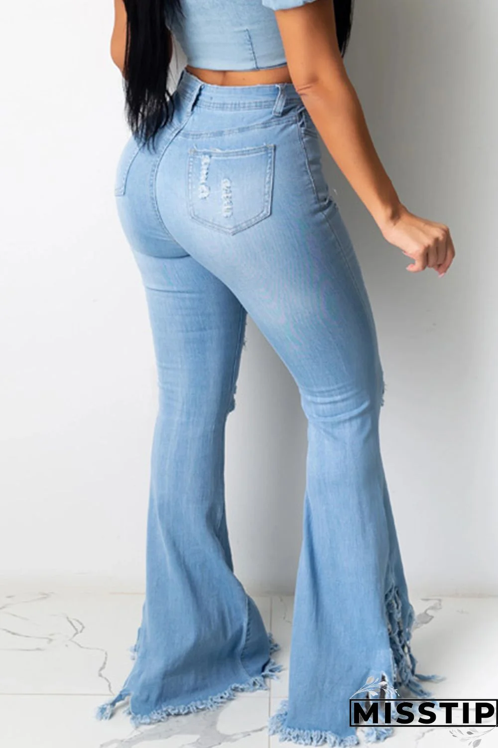 Dark Blue Denim Zipper Fly Mid Solid Tassel Hole Boot Cut Pants Bottoms