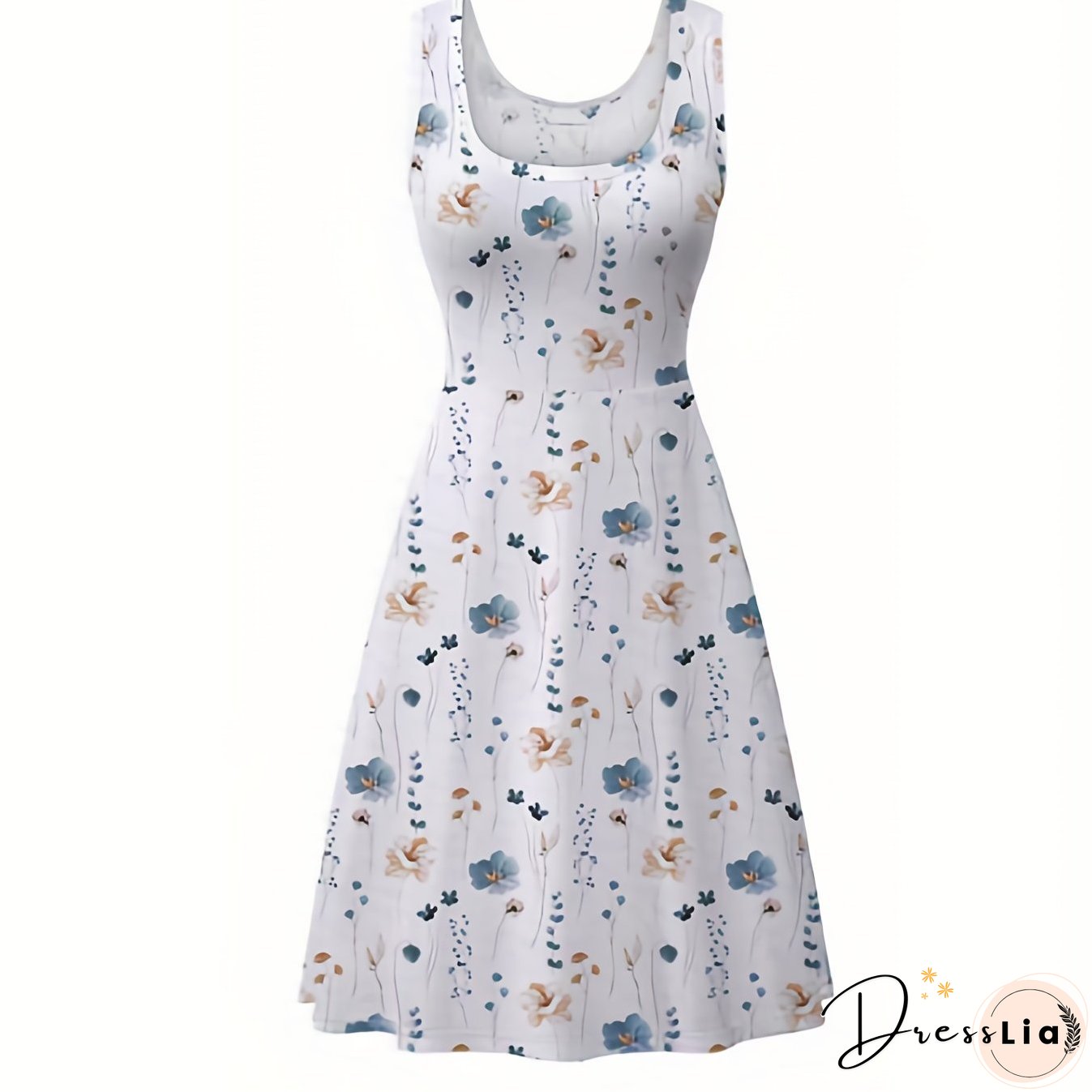 Plus Size Elegant Dress, Women's Plus Floral Print Round Neck Medium Stretch Tank Dress