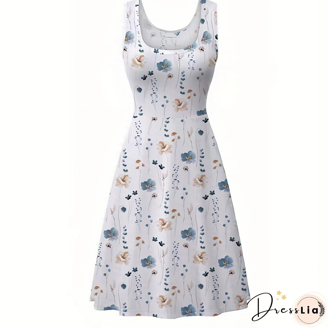 Plus Size Elegant Dress, Women's Plus Floral Print Round Neck Medium Stretch Tank Dress
