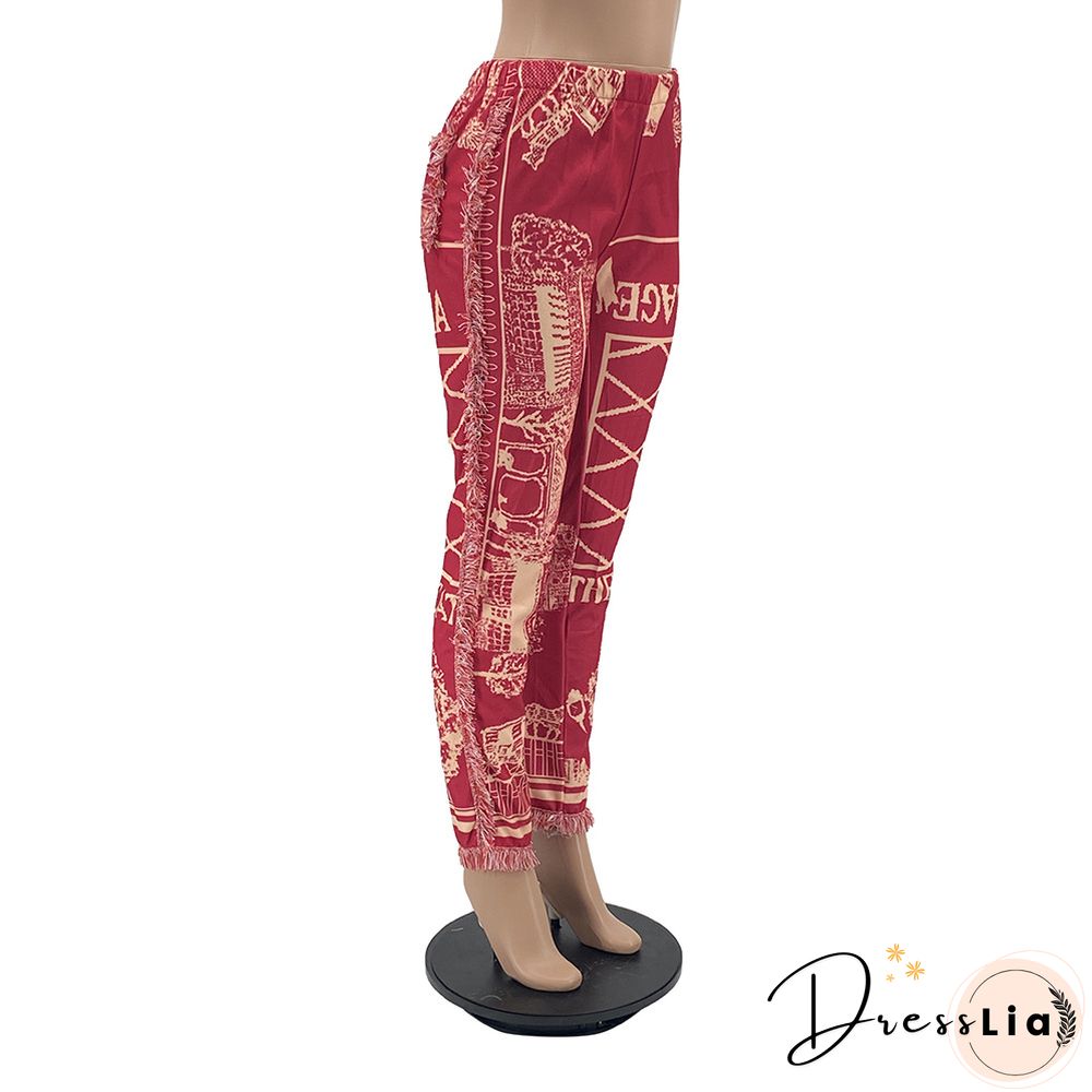 Side Tassels Patchwork Elastic Waist Women Print Jogger Pant