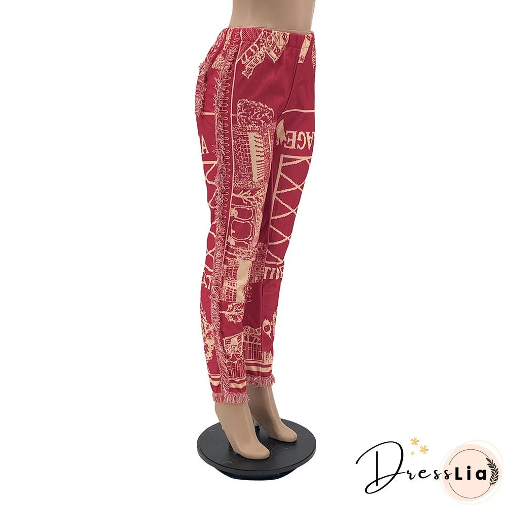 Side Tassels Patchwork Elastic Waist Women Print Jogger Pant