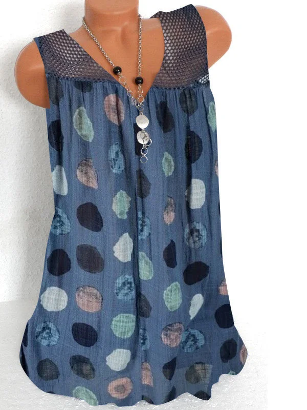 Women plus size clothing Women Sleeveless V-neck Polka Dot Graphic Top-Nordswear