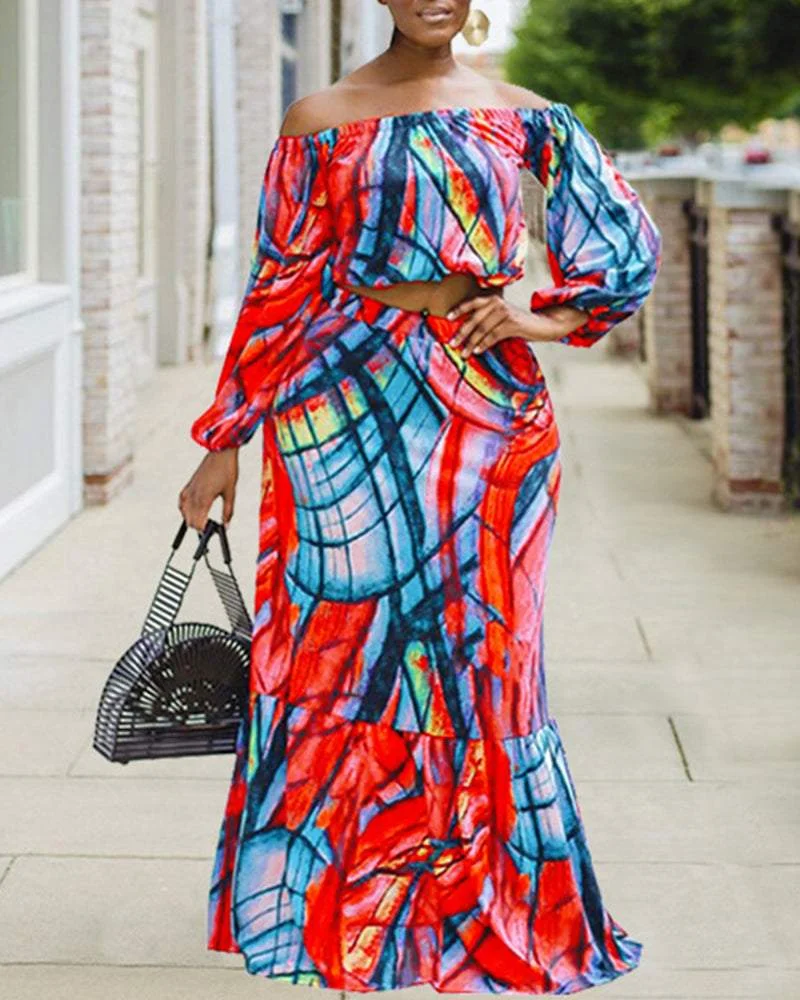 Off-the-shoulder Abstract Contrast Print Skirt Suit