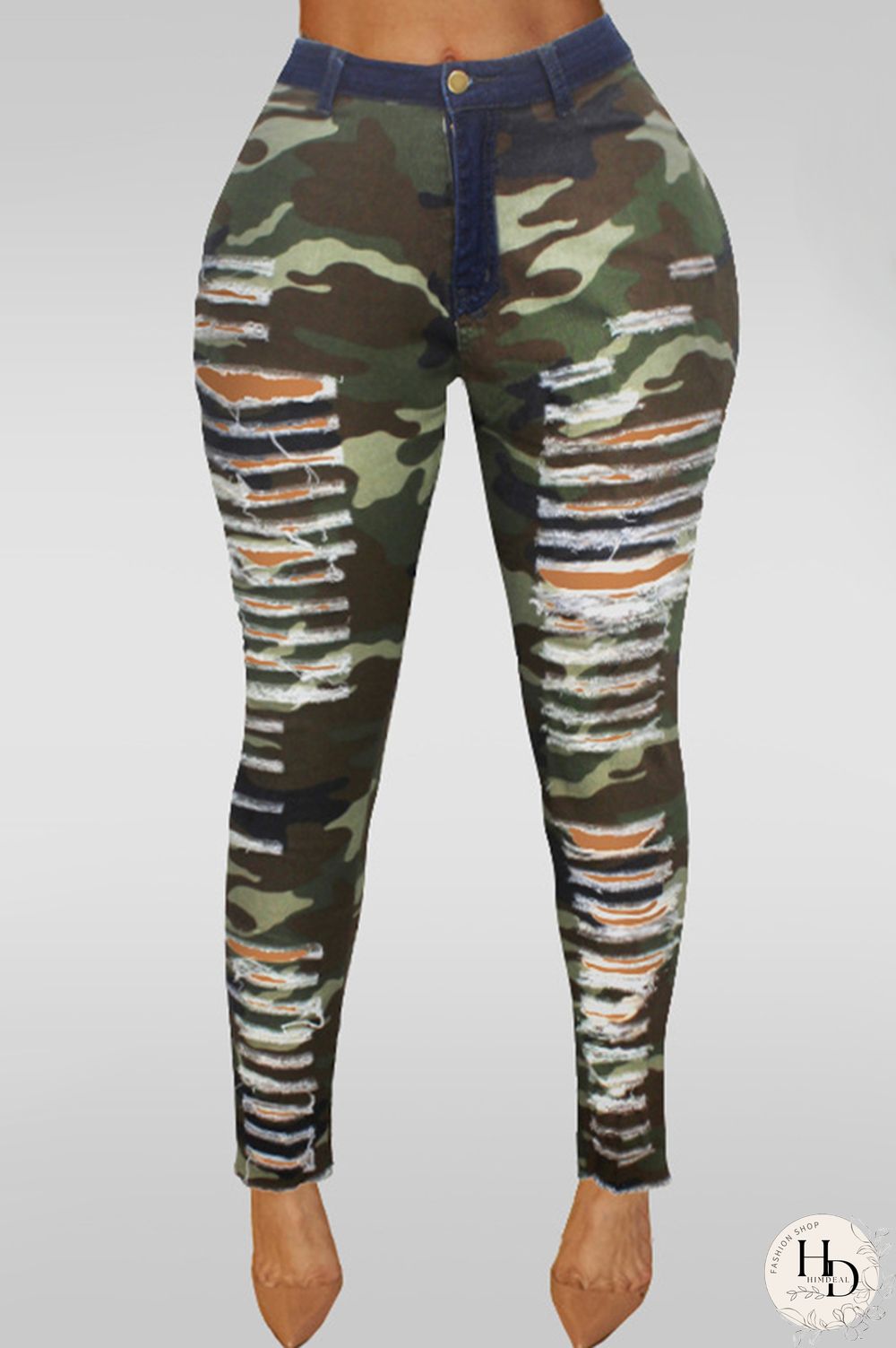 Camouflage Polyester Button Fly Sleeveless High Patchwork camouflage Print Hole pencil Pants