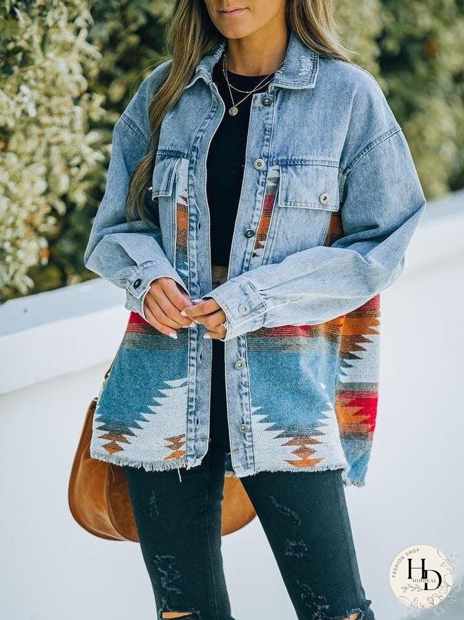 Coats Lapel Pocket Denim Stitching Woolen Retro Coat for Women