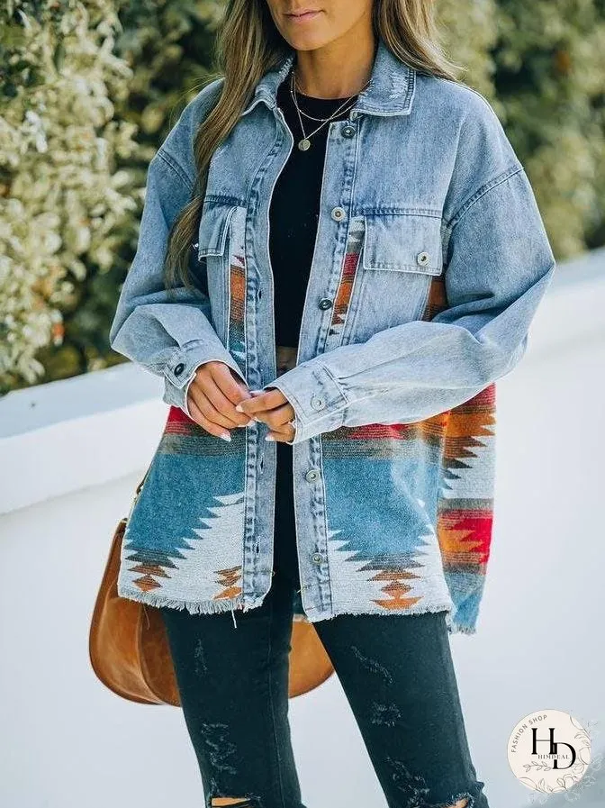 Coats Lapel Pocket Denim Stitching Woolen Retro Coat for Women