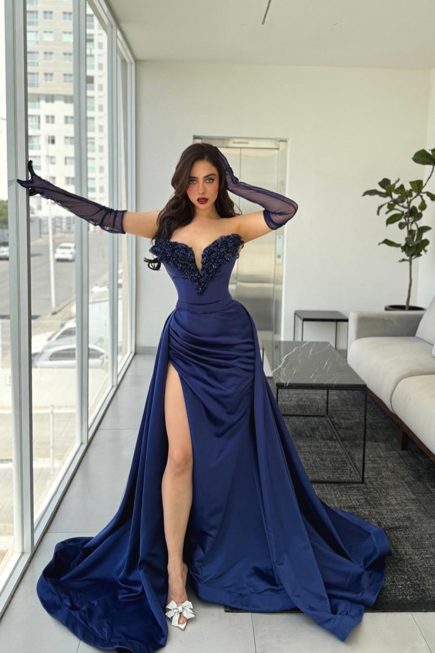 Exquisite Satin Royal Blue V Neck Strapless Sleeveless Split Beaded Prom Dress with Gloves | MS0694  