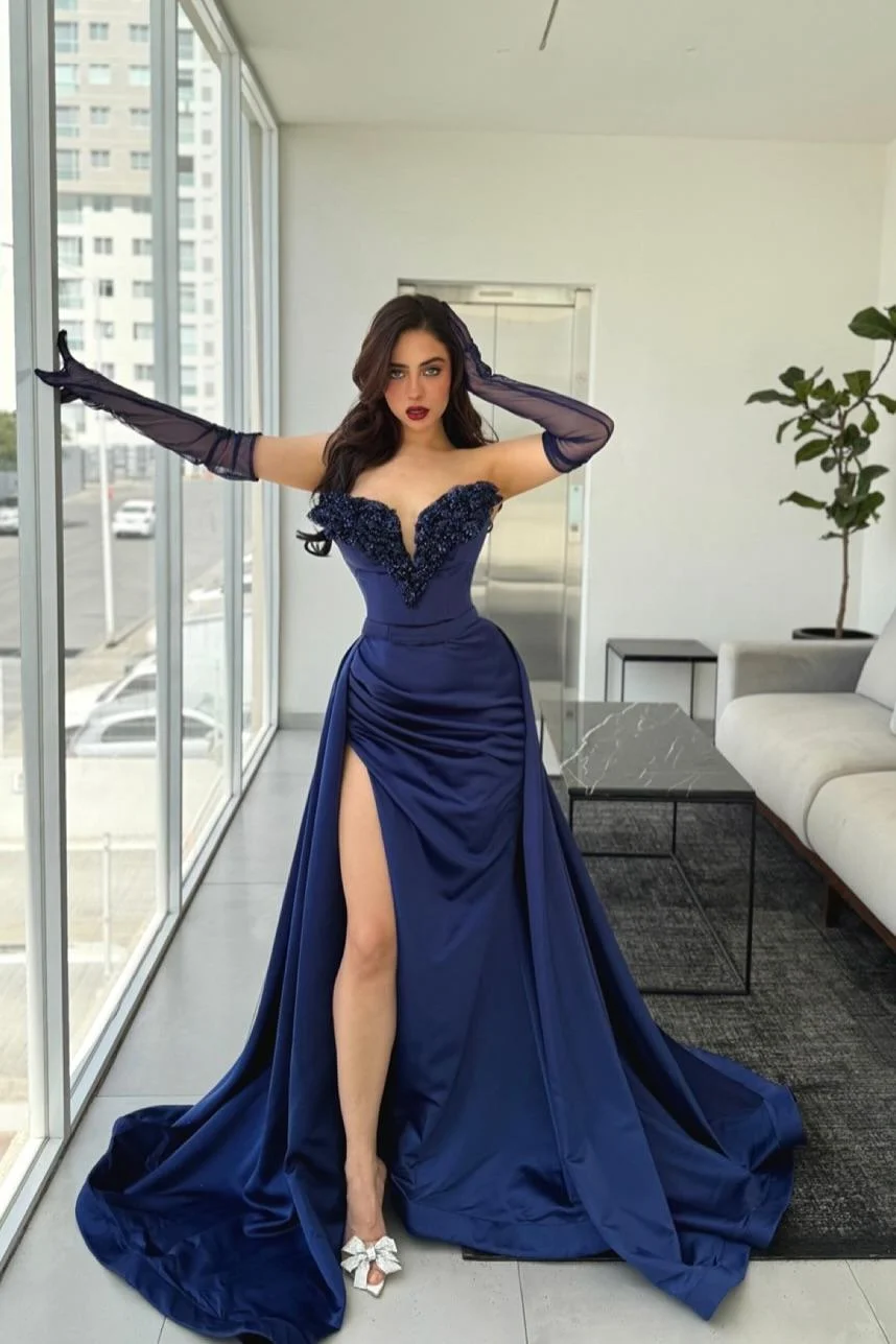 Miabel Exquiste Royal Blue Satin V Neck Sleeveless Strapless Split Beaded Prom Dress with Gloves  