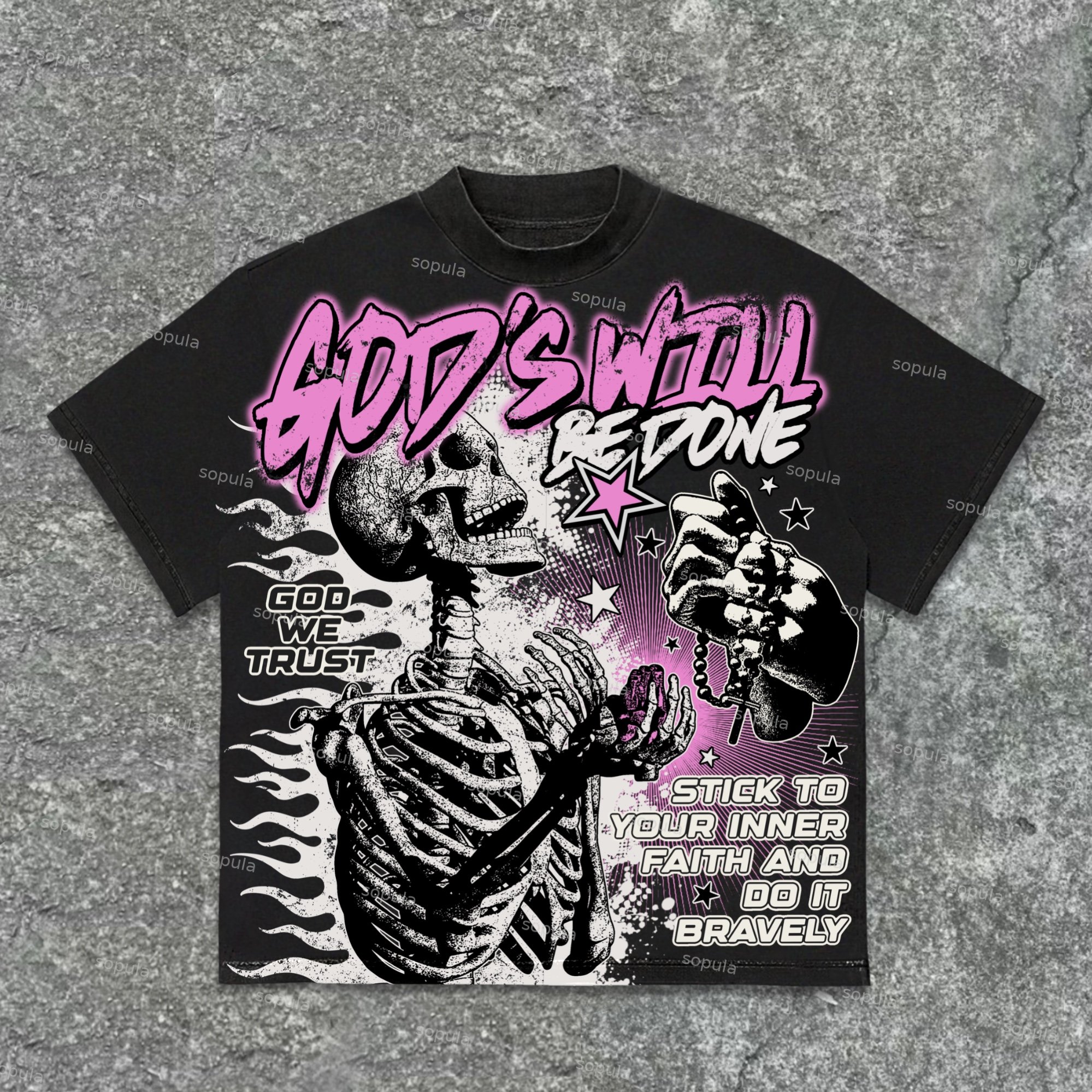 God's Will Be Done Skull Retro Graphic Cotton T-Shirt - SOPULA