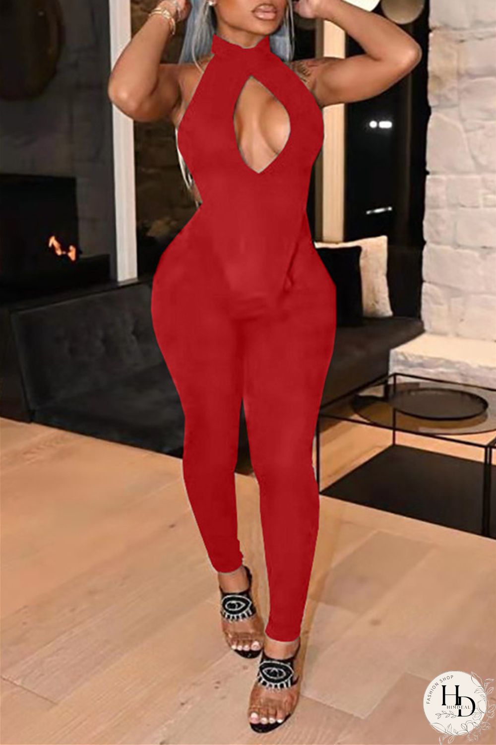 Red Fashion Sexy Solid Hollowed Out Backless Turtleneck Sleeveless Two Pieces