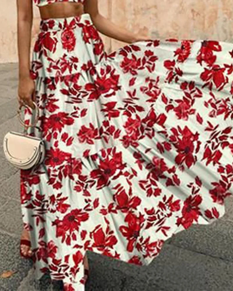 Sexy Off Shoulder Midriff-Baring Floral Printed Top Skirt Set
